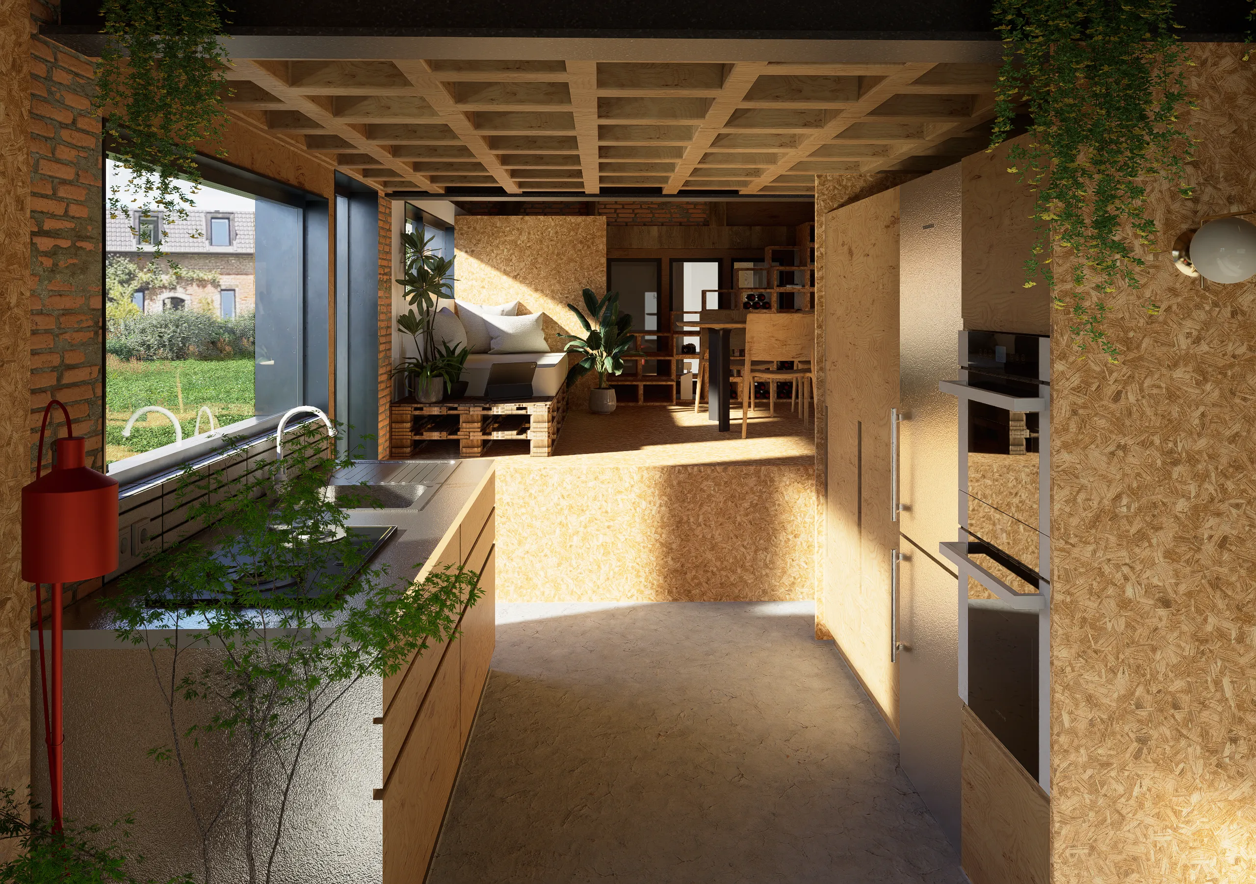 Vue depuis la cuisine vers le séjour, plafond caisson bois — Panilleuse, France