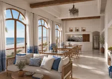 Sala de festa, séjour ouvert sur la plage — rendu intérieur