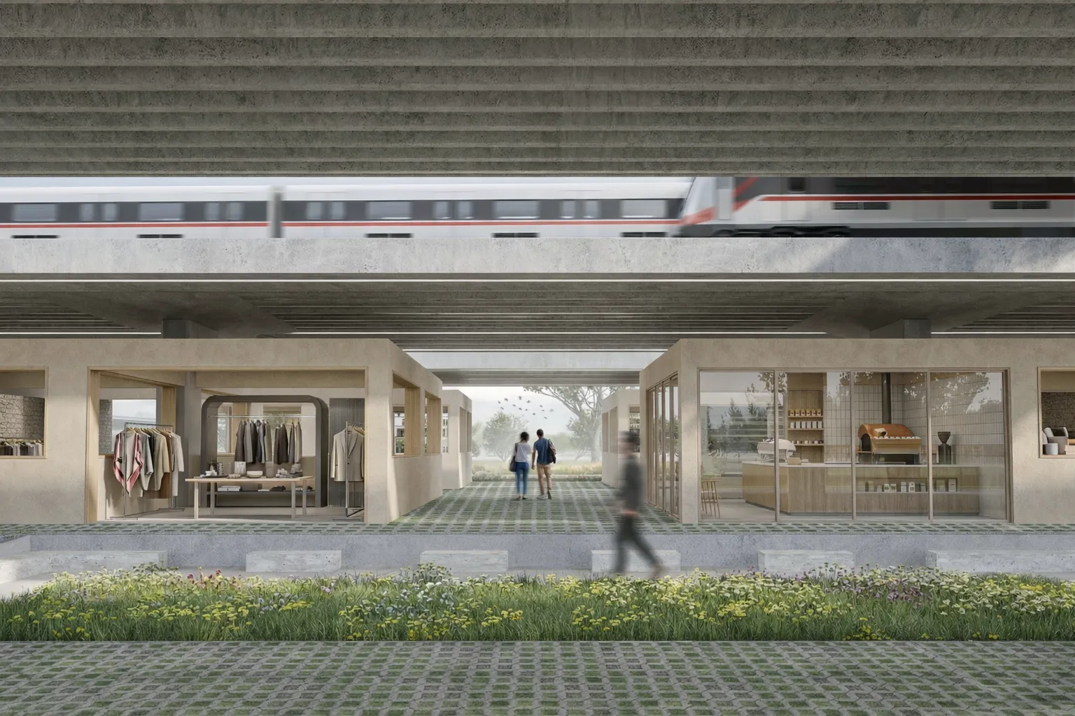 Commerces et jardin sous un viaduc ferroviaire — rendu