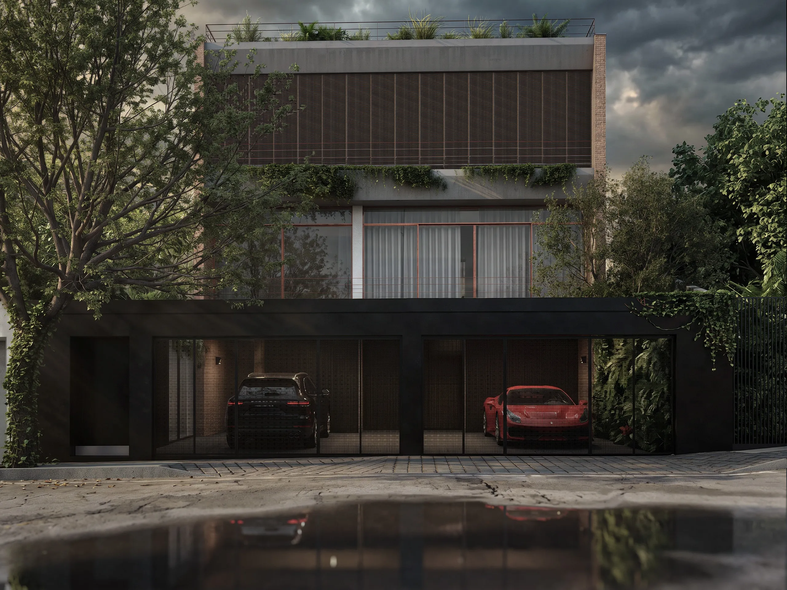 Villa contemporaine, façade sur rue par nuit orageuse — rendu extérieur