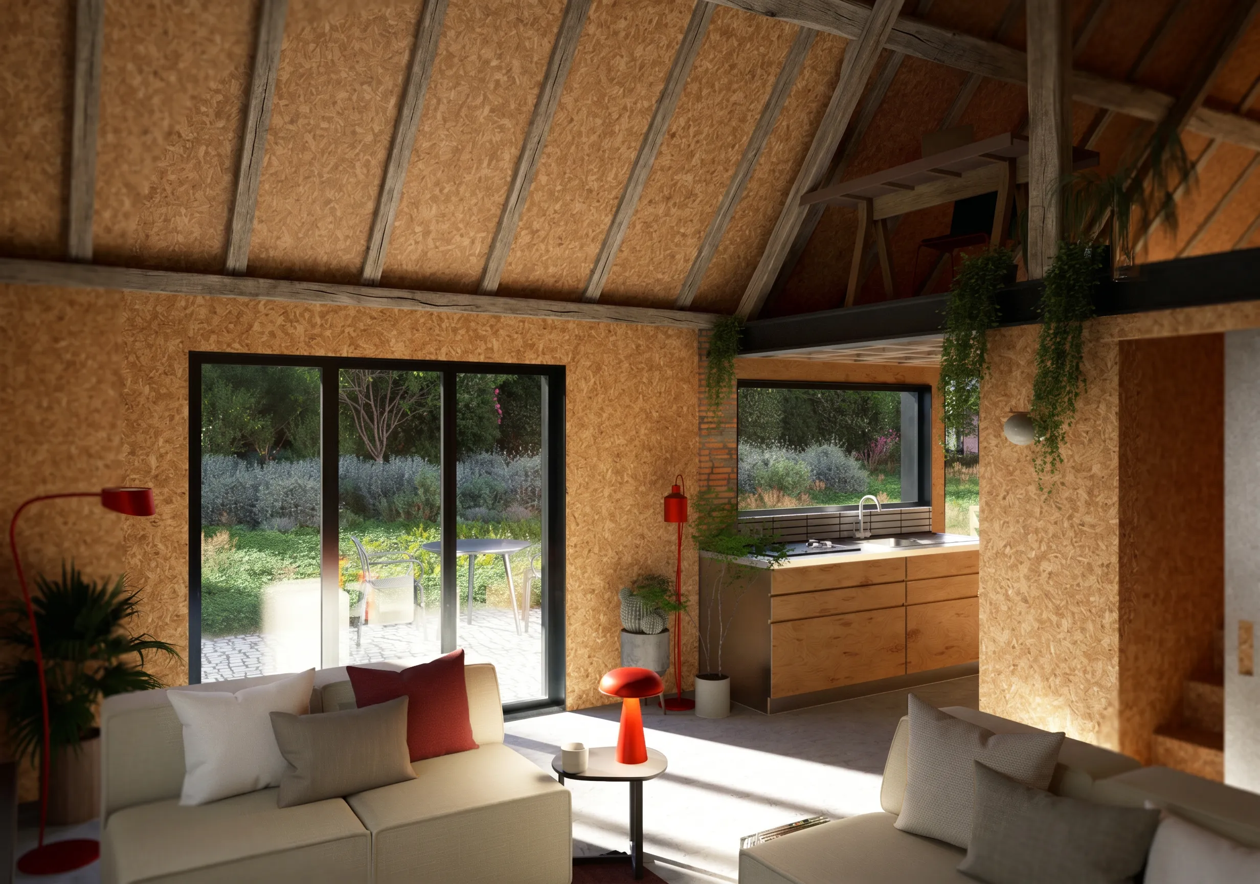 Séjour ouvert sur le jardin sous charpente bois — Panilleuse, France